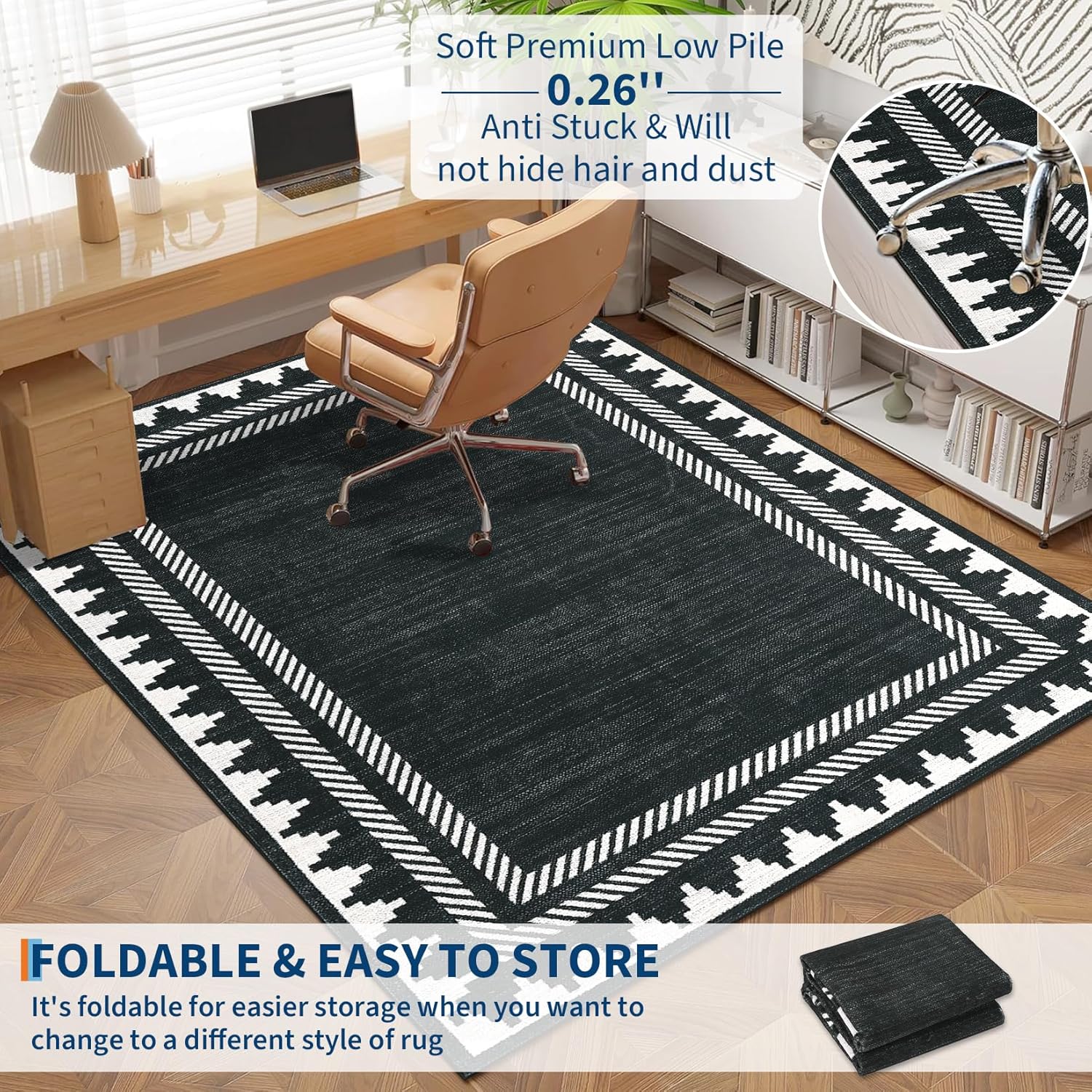 COZYLOOM Washable Rugs 9x12 Area Rug for Living Room, Non Slip Non Shedding Modern Bordered Floor Cover Stain Resistant Low Pile Soft Netural Carpet for Bedroom, Dining Room, Nursery, Black