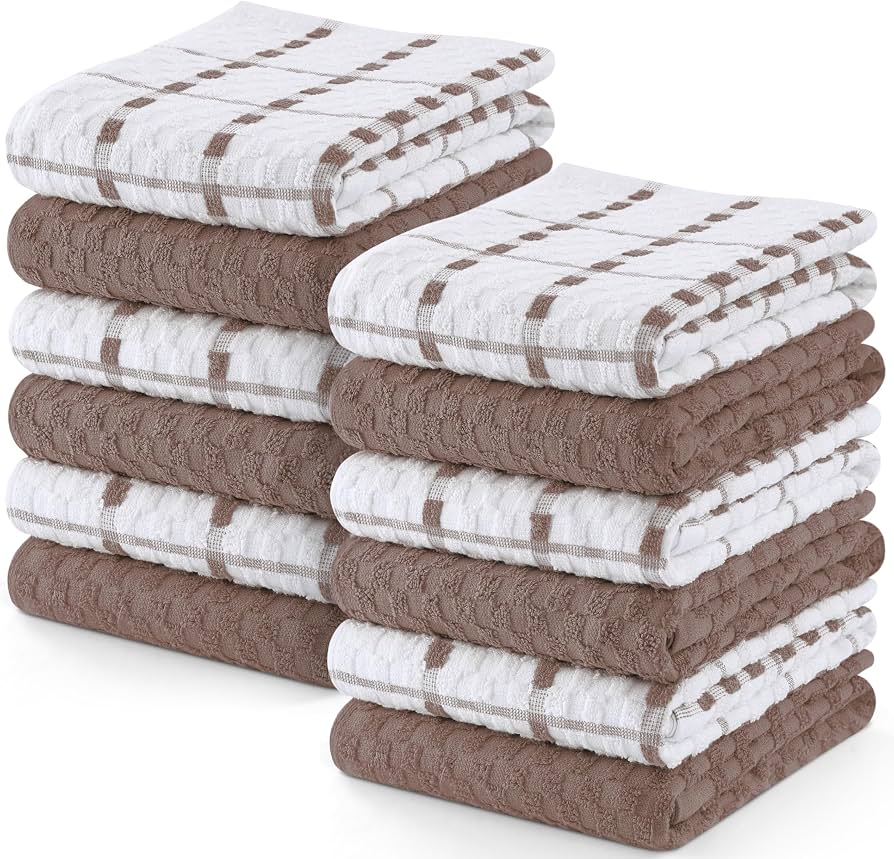 Utopia Kitchen Towels 12 Pack, 15 by 25 Inches, 100% Ring Spun Cotton Super Soft and Absorbent Linen Dish, Tea and Bar Towels Set, Brown