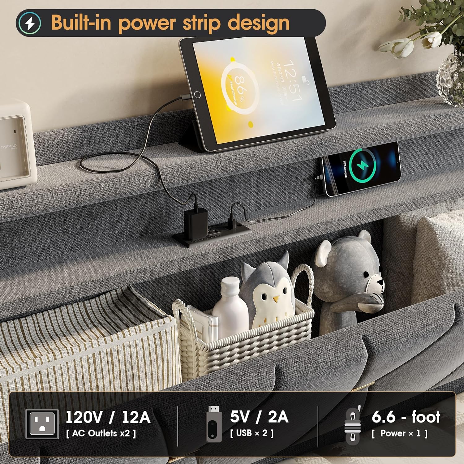 Fameill King Size Lift Up Storage Bed Frame, Storage Headboard with Charging Station, LED Lights Upholstered Platform Bed, No Box Spring Needed, Noise-Free, Dark Grey