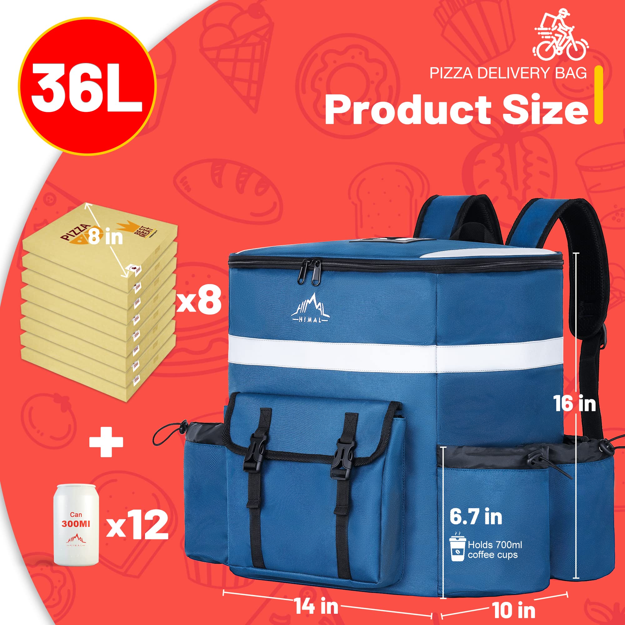 GoHimal Mochila de entrega de alimentos, bolsas de entrega aisladas para bicicleta de parto, bolsa grande para entrega de pizza para calor/frío con 4 bolsillos, tira reflectante para Uber Eat, camping