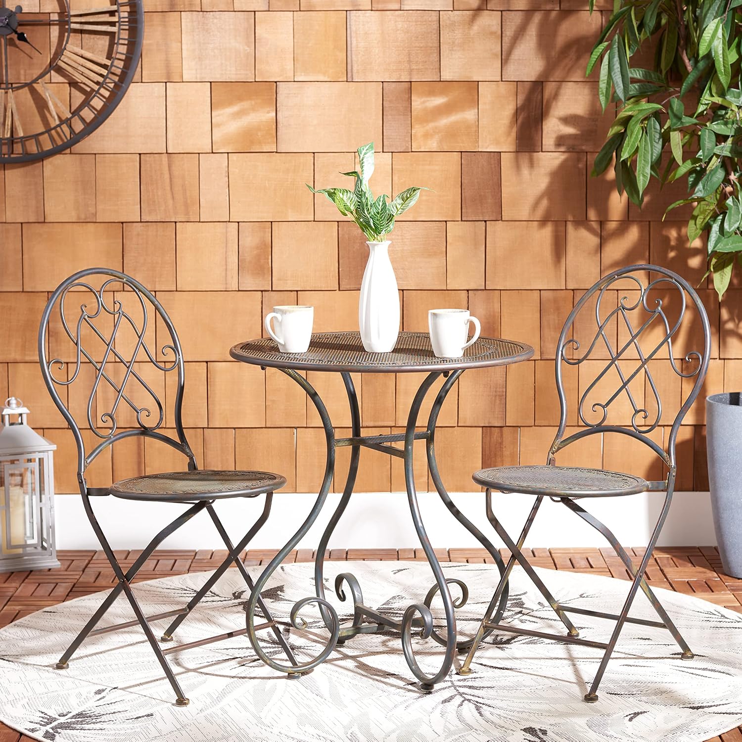 SAFAVIEH Outdoor Collection Adriel Victorian Black Rust Wrought Iron 3-Piece Bistro Set