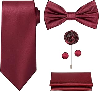 TIE G 5pcs Tie Set in WHITE OR BLACK GIFT BOX: Solid Color Necktie, Satin Bow Tie, Pocket Square, Lapel, Cuff Links