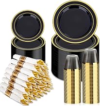 BESTVIP 350PCS Black Gold Dinnerware Set for 50 Guests, Plastic Plates for Halloween Party and Christmas, 50 Disposable Plates, 50 Dessert Plates, 50 Cups, 50 Spoons, 50 Forks and 100 Knives