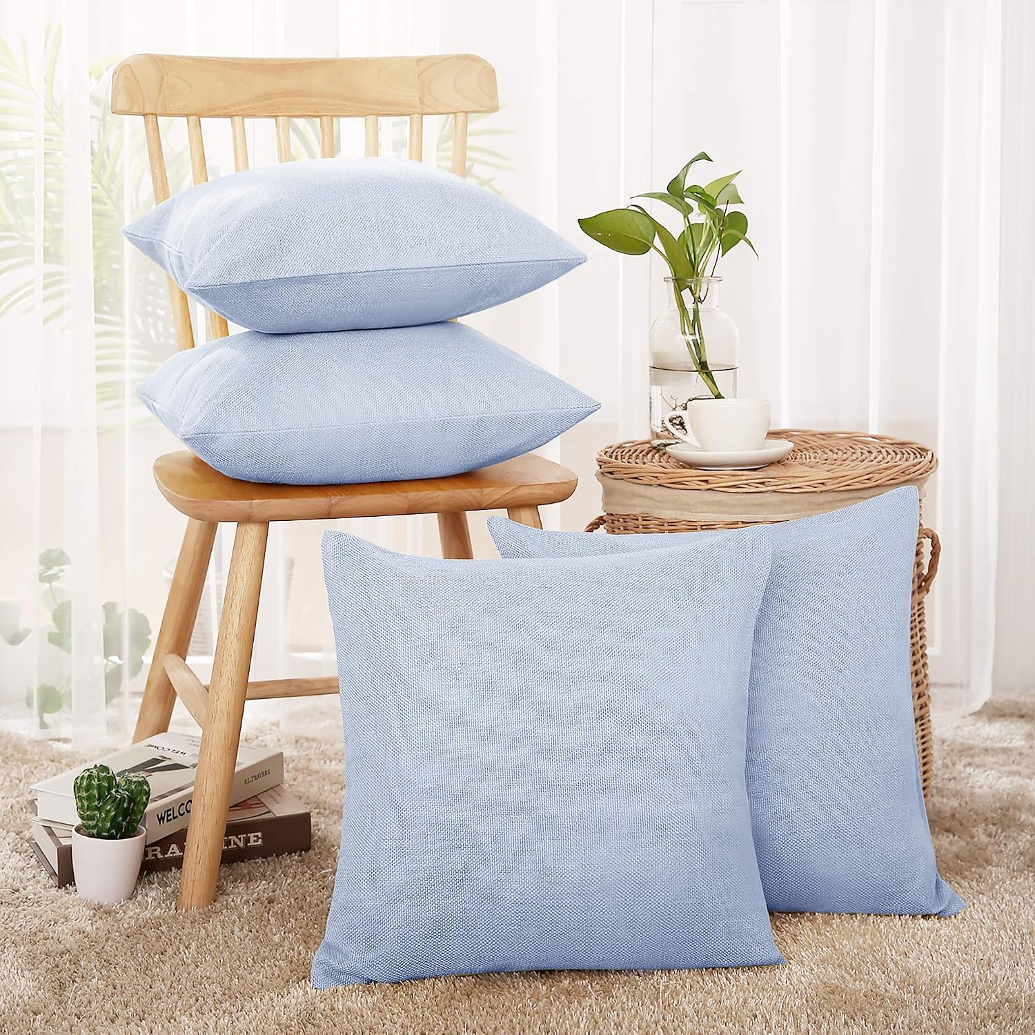 Deconovo Soft Pillow Covers - Faux Linen Blank Pillow Cases, Throw Pillowcases for Patio Furniture (Sky Blue, 16x16 in, Set of 4, No Insert)