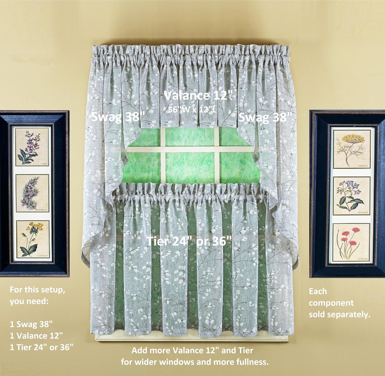 Today's Curtain, Willow Faux Linen Print Swag 38", Gray, 56" W x 38" L