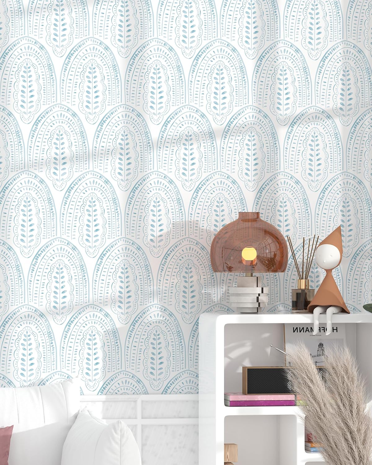 OSECAGE Modern Peel and Stick Wallpaper Boho Contact Paper 17.3''×393'' Self Adhesive Removable Wallpaper Peel and Stick Wall Paper Blue and White Wallpapers for Bedroom Bathroom Cabinets Decor Vinyl