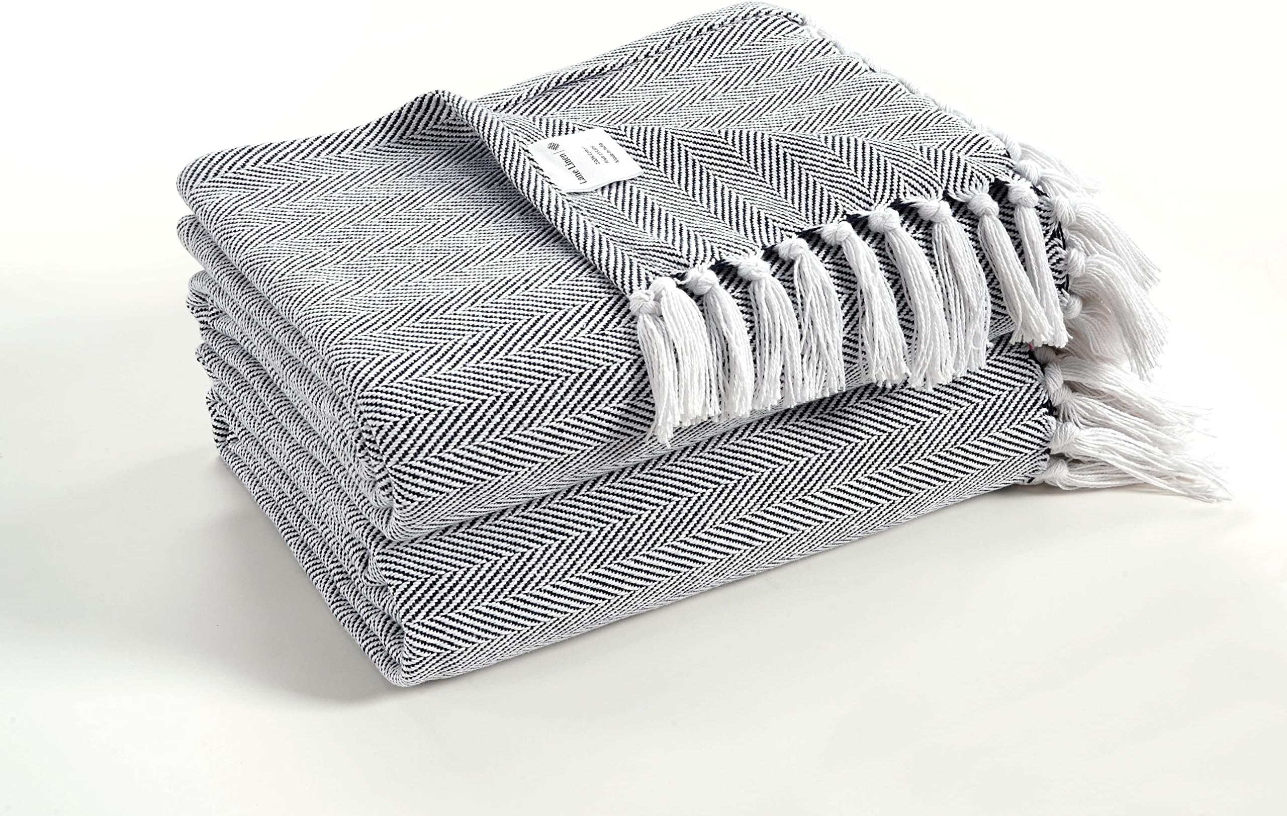 LANE LINEN 100% Cotton 2 Pack Throw Blanket for Couch & Bed - Classic Herringbone Weave with Tassel Durable Cozy Warm โ 50โx70โ Grey