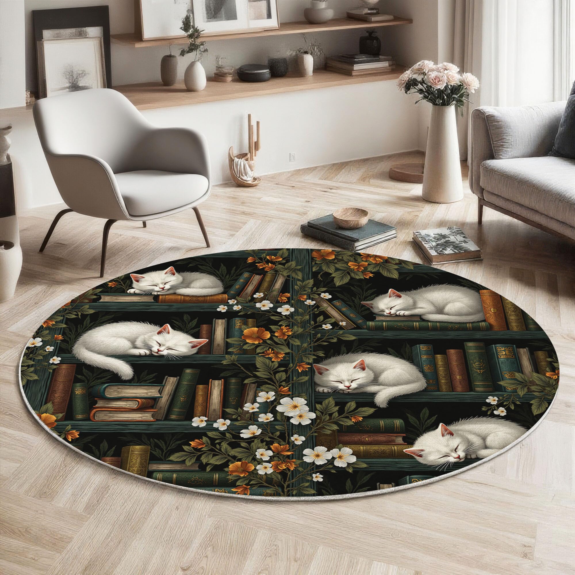 Tapis rond 160cm lavable machine avec motif chats mignons pour salon et chambre