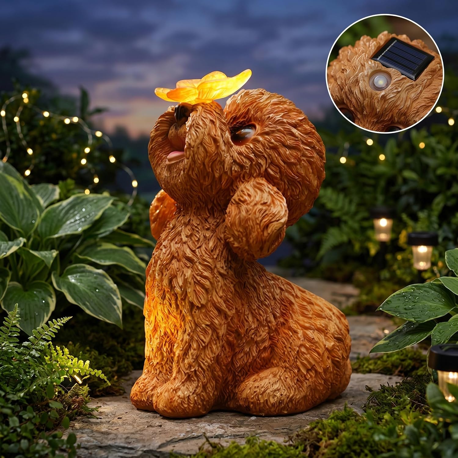 Smart Light-Control Solar Dog Statue Outdoor Cute Teddy Figurine with Butterfly Light for Yard Decor Garden Statue - Brown image 2