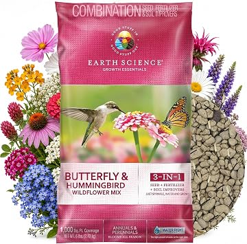 Earth Science Wildflower Butterfly & Hummingbird Mix6 lb 3-in-1 Premium Wildflower Seed, Plant Food and Soil Conditioners, Non-GMO for Bees, Hummingbirds, Butterflies, Pollinators