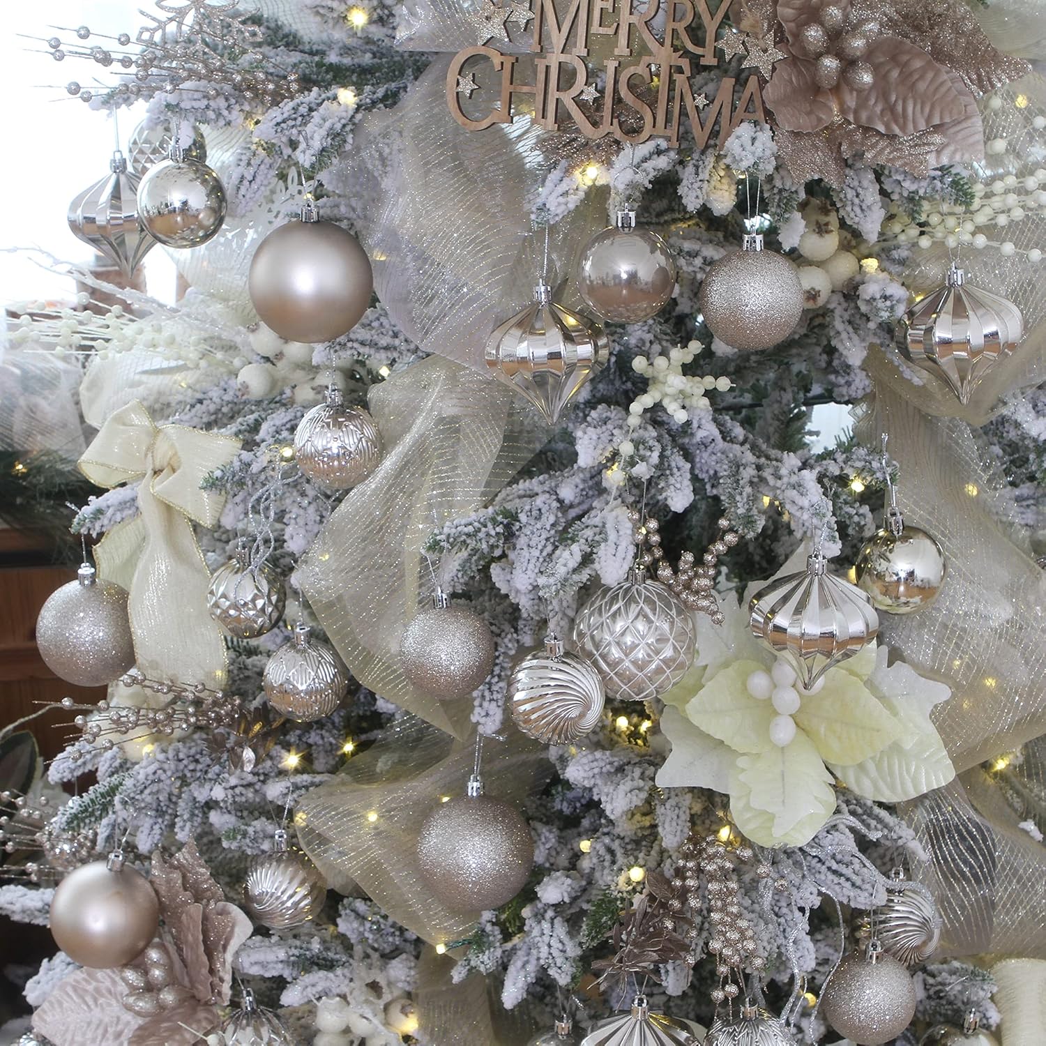 Sea Team 41-Pack Christmas Ball Ornaments with Strings, 40mm/1.57-Inch Small Size Baubles, Shatterproof Plastic Christmas Bulbs, Hanging Decorations for Xmas Tree, Holiday, Wedding, Party, Champagne