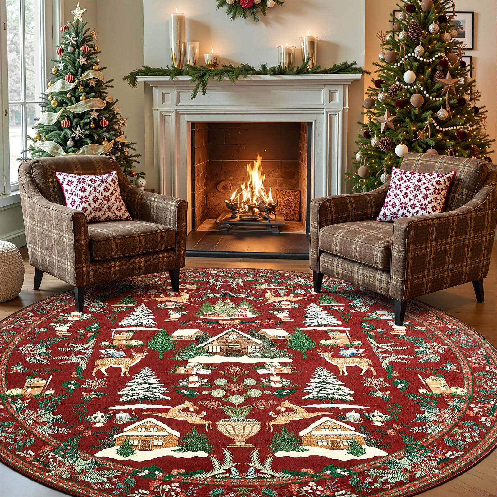 jinchan Round Christmas Rug for Dining Room 8ft Maroon Circle Holiday for Living Room Printed Christmas Tree and Cabin Rug 8' Soft Indoor Carpet for Bedroom Washable Non-Slip Winter Xmas Decor