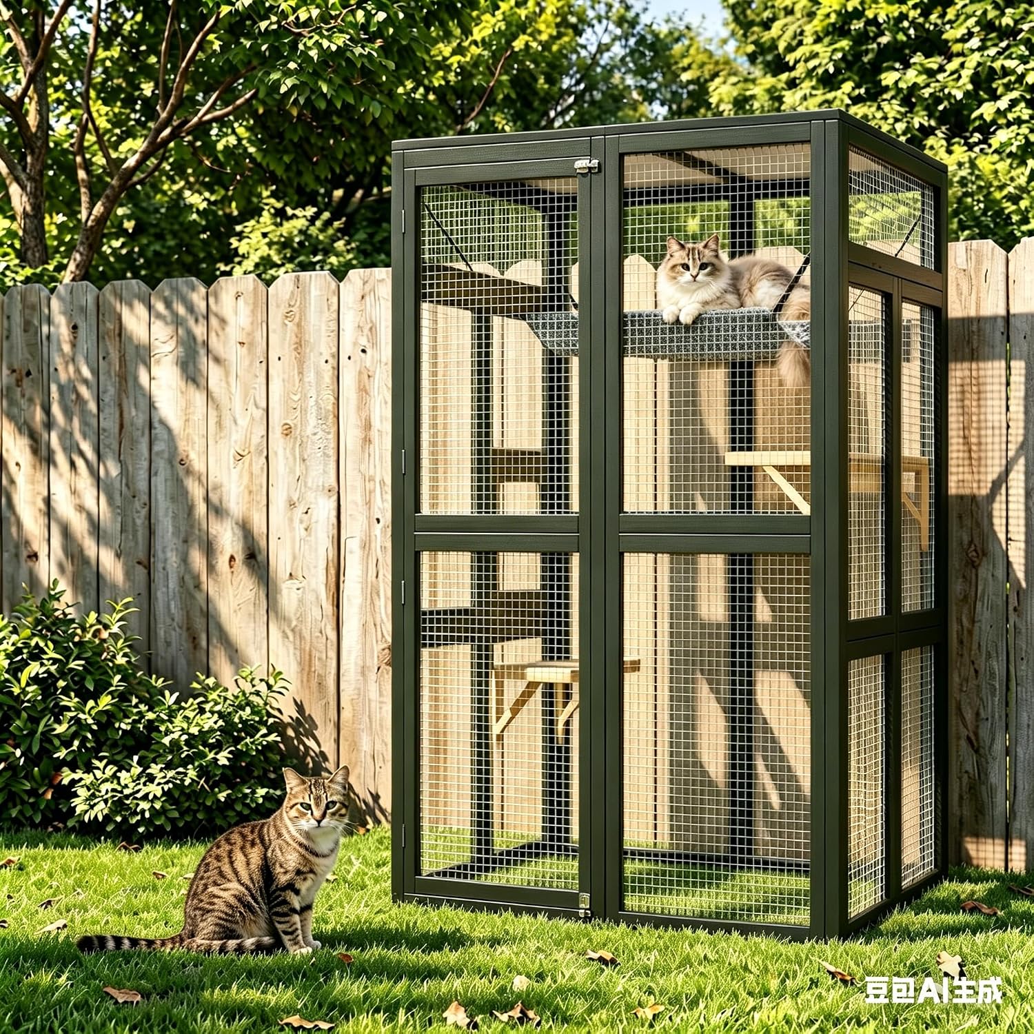 GarveeHome 64 Inch Large Wooden Catio Outdoor Cat Enclosure Window Cat House with Wheels 3 Platforms Weatherproof Roof Kitty Cage for Multiple Cats