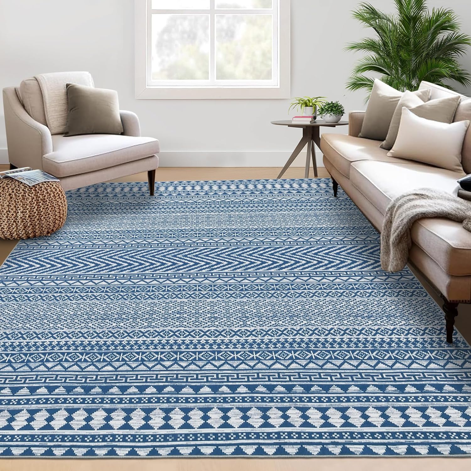 Area Rugs 8x10 Living Room Rug Washable Rug Non Slip Low Pile Throw Rugs for Bedroom Large Soft Vintage Rug Indoor Stain Resistant Floor Cover Foldable Accent Rug for Playroom Office Blue