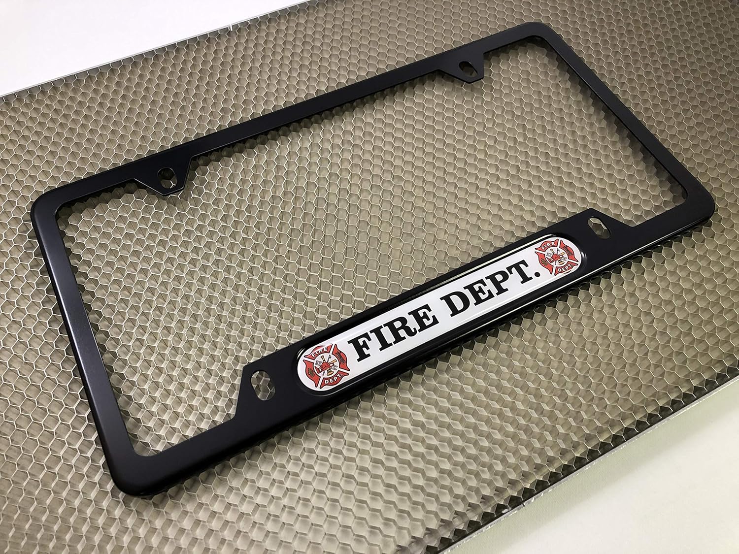 USA Patriotic Anodized Aluminum Thin Top | Narrow Top Car License Plate Frame with U.S. Fire Department Insert with Free caps - Black