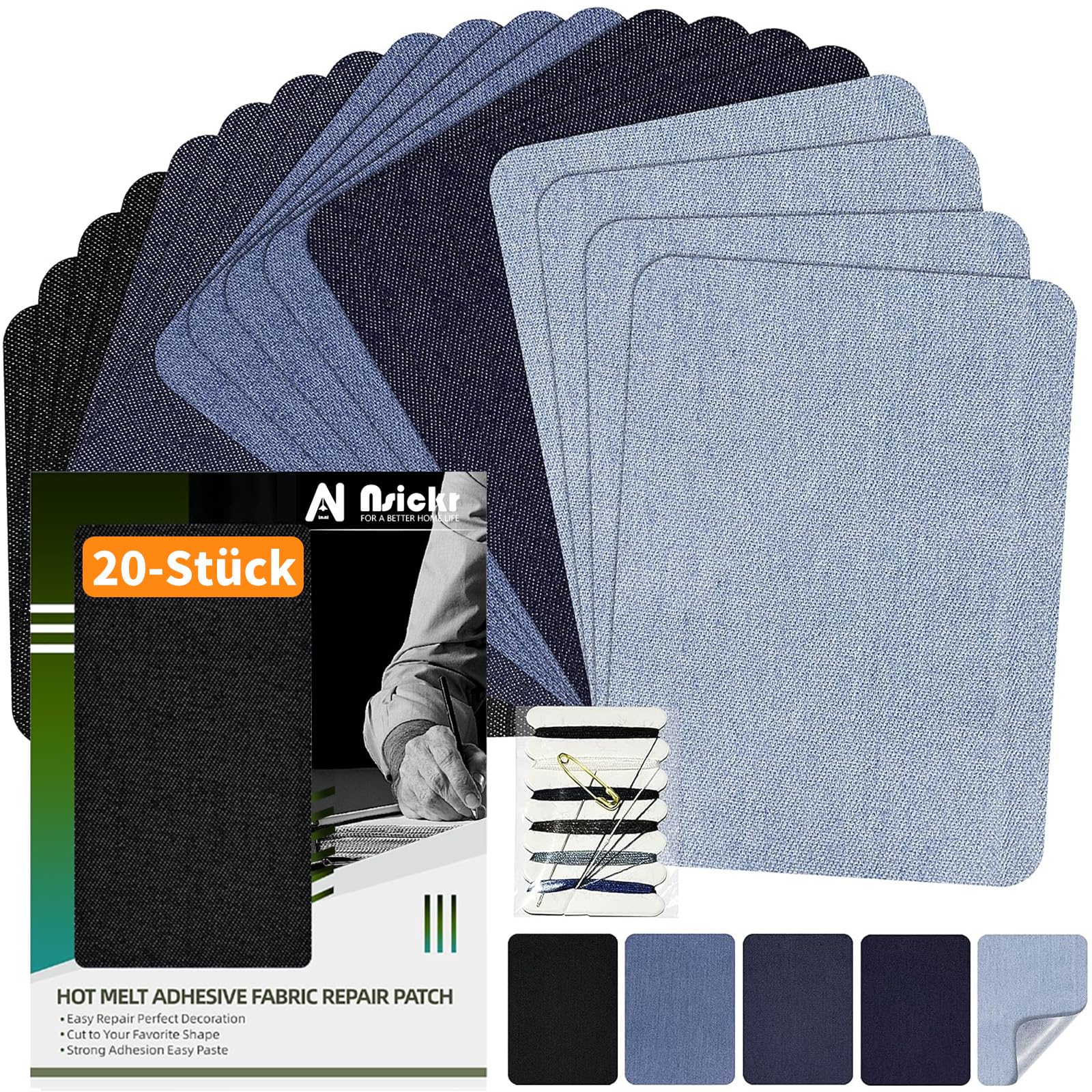 Nsickr -20 StückJean Patches zum Bügeln auf innen und außen. Verschiedene Blautöne Patches Repair Kit. Jeans. Reparaturset für Kleidung. Starker Klebstoff. (Fünf Farben, 7.5×10.5 CM)