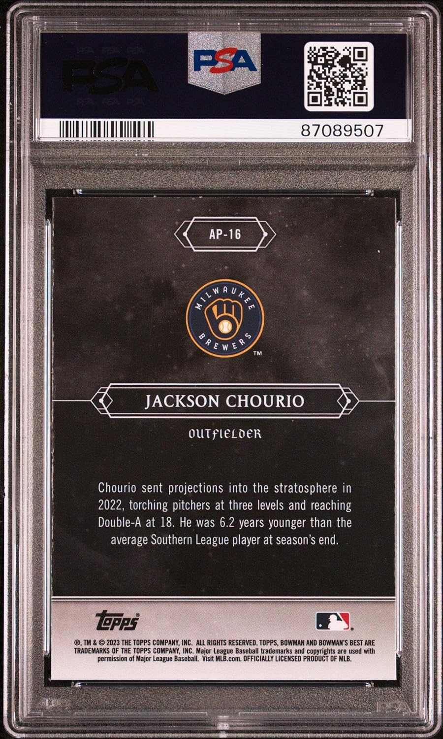 Graded 2023 Topps Bowmans Best Jackson Chourio #AP16 Astral Projections Rookie RC Baseball Card PSA 10 Gem Mint