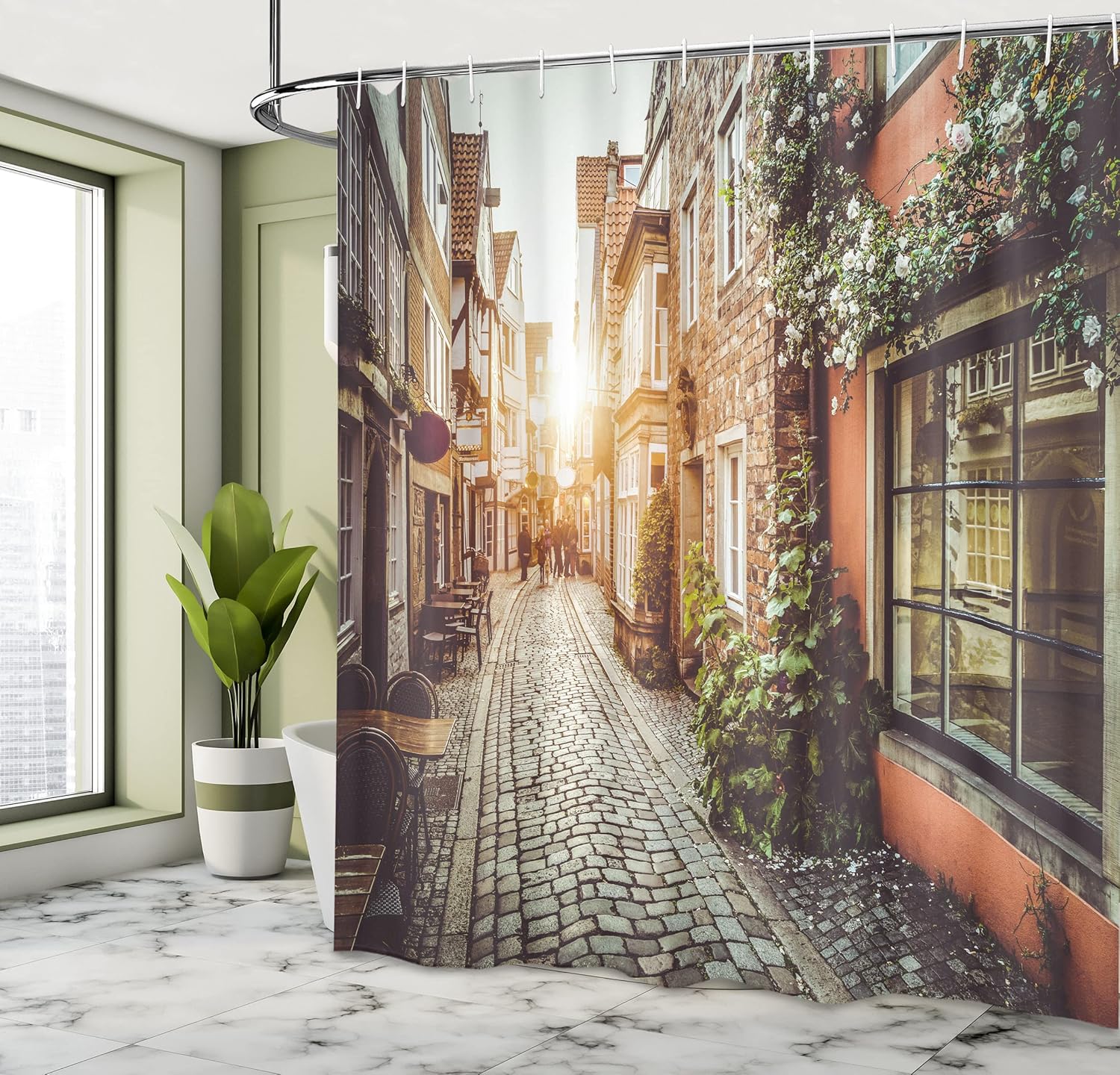 Ambesonne City Shower Curtain, Old Town Photography Europe Scenes Vintage Buildings Cafes Cool Architecture, Cloth Fabric Bathroom Decor Set with Hooks, 69" W x 75" L, Brown Pale Orange