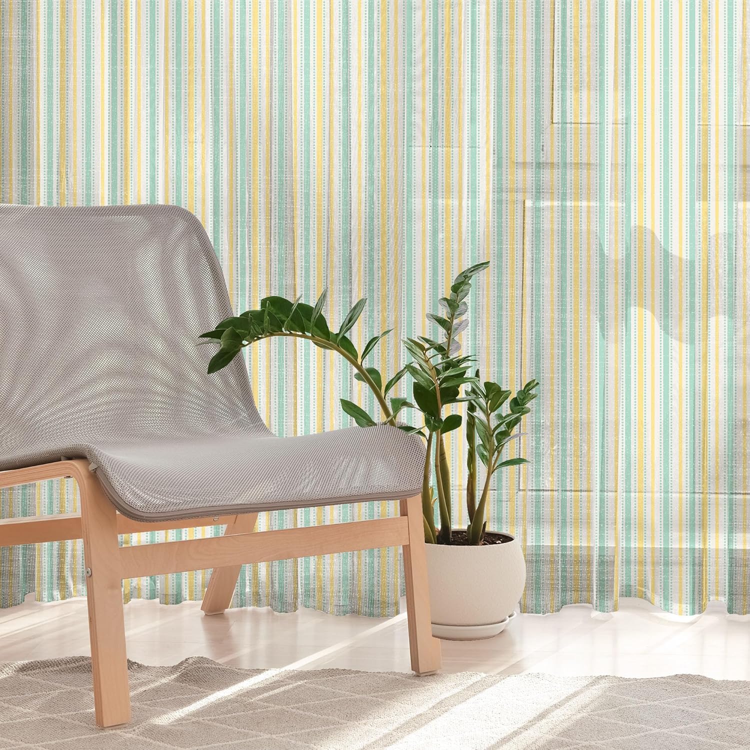Ambesonne Geometric Tulle Curtains with Rod Pocket, Summer Season Inspired Exotic Toned Vertical Stripes and Dots Abstract, Sheer Drape for Wedding Party 2 Panels, 108" x 54", Seafoam Yellow White