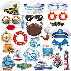 25-Piece Nautical Photo Booth Props Kit with Stick for Cruise, Anchor, Sailboat, Yacht, Sailor, Ocean Party Decorations, Birthday Supplies