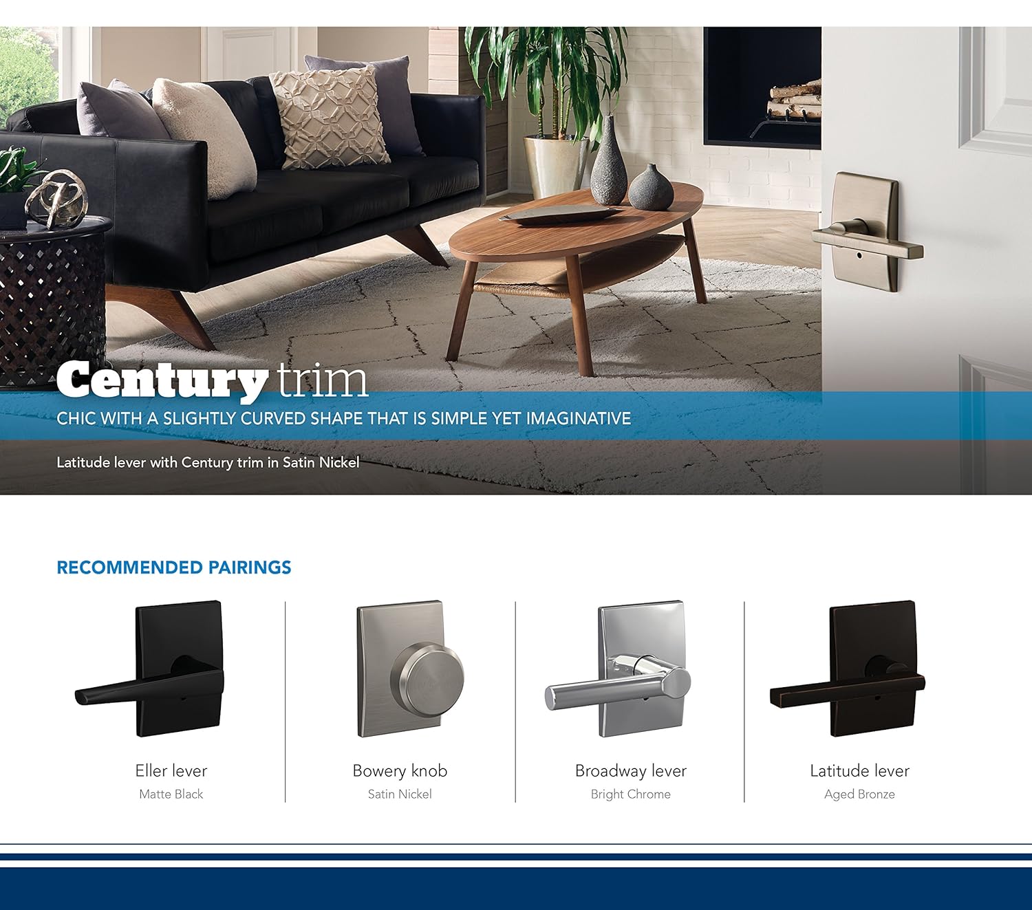 SCHLAGE Custom FC21 LAT 625 CEN Latitude Lever with Century Trim Hall-Closet and Bed-Bath Lock, Bright Chrome