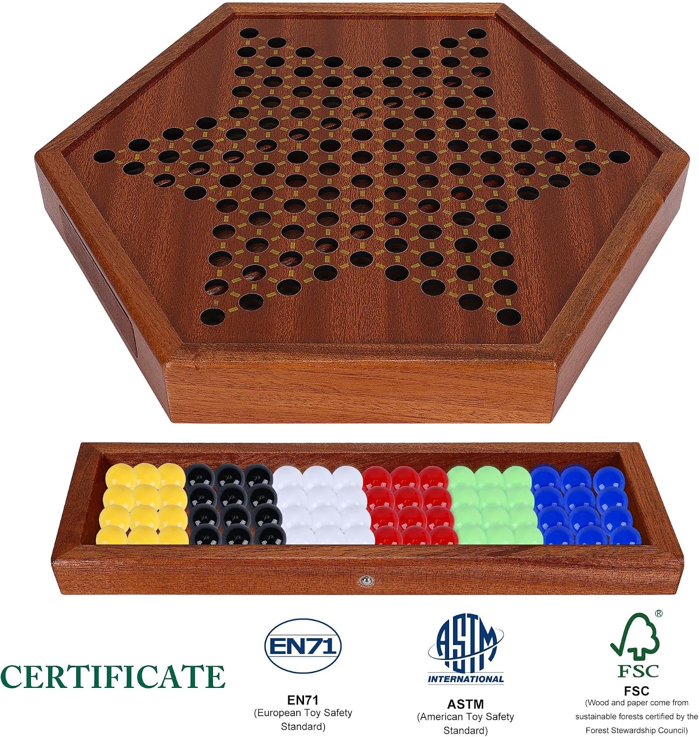 Offelec Wooden Chinese Checkers Set with Storage Drawer, 13 inches Upgraded Version Game Board, 60+12 Acrylic Marbles in 6 Colors, Classic Strategy Games for Adults and Kids, Fun for Family Gathering image 4