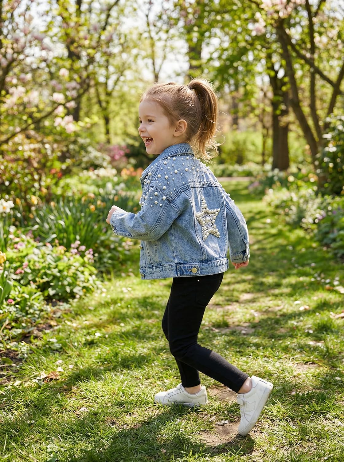 Girls Pearl Embellished Denim Jacket Button Jean Outerwear