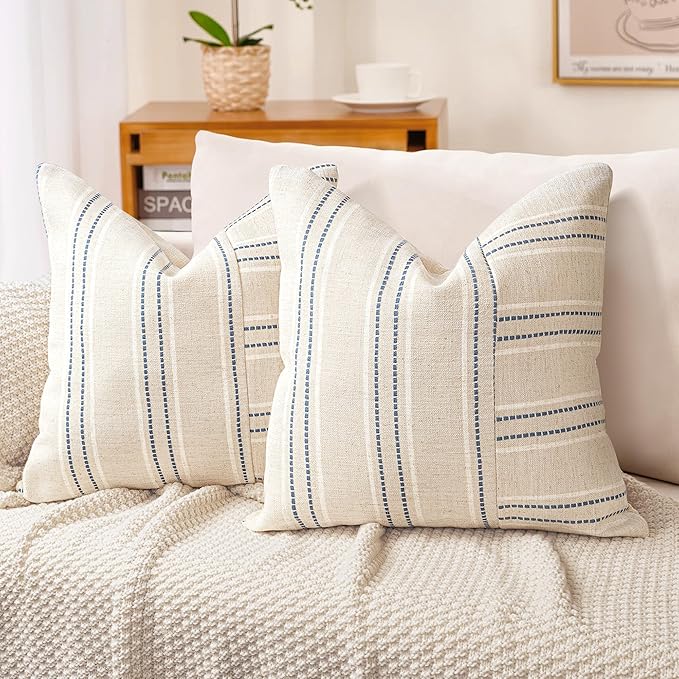 AELS 20x20 Decorative Farmhouse Linen Throw Pillow Covers, Boho Textured Pillow Case, Set of 2,Beige with White & Navy Blue Stripe Patchwork Cushion Cover for Sofa Couch Living Room(Cover ONLY)