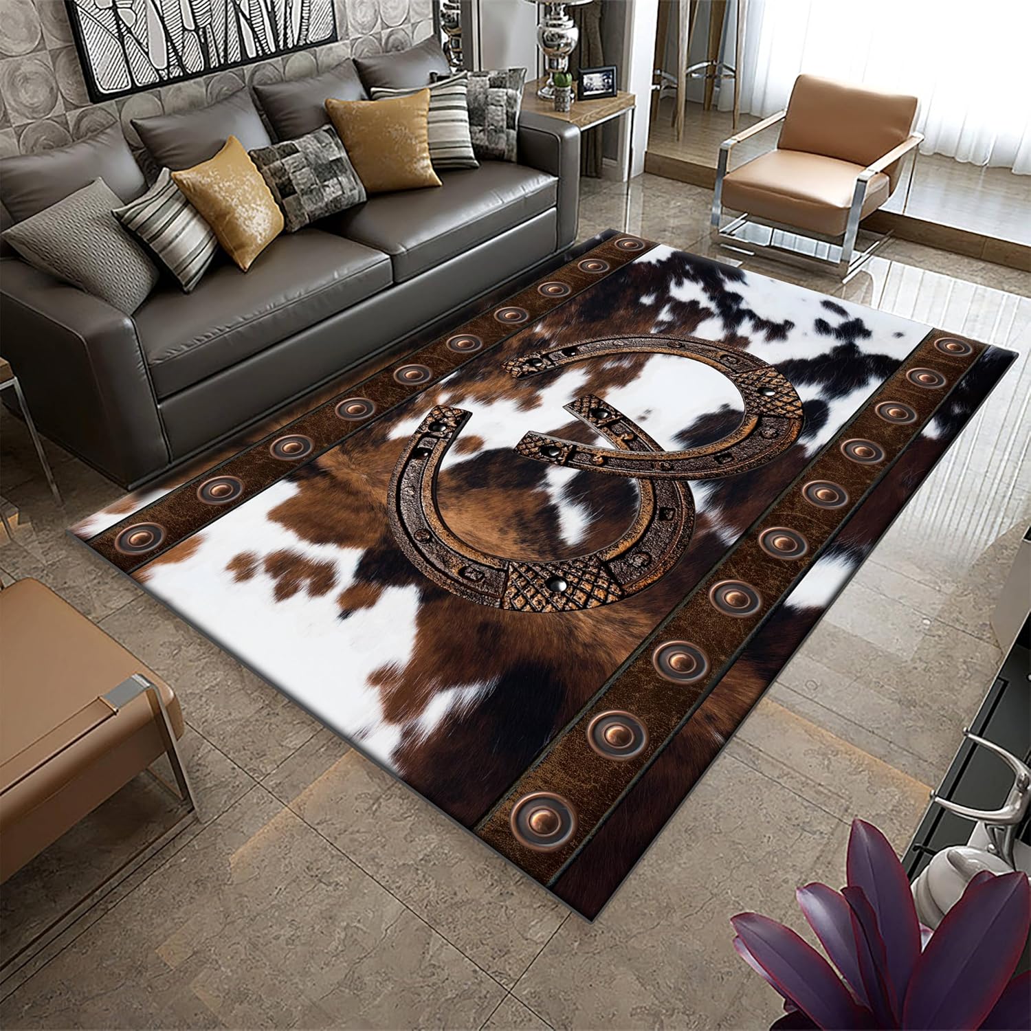 Western Rugs for Living Room,6x8ft, Southwestern Native American Aztec Rugs,Rustic Horseshoe Brown Cow Print Rug,Boho Western Decor Carpet, for Bedroom Dining Room Non Slip Cowhide Rug - Image 3