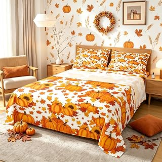 Fall Pumpkin Bed Sheets Queen Autumn Maple Leaves Bedding Set Thanksgiving Harvest Season Decor Sheet Set For Home,Rustic Farmhouse Sunflower Fitted Sheet Orang