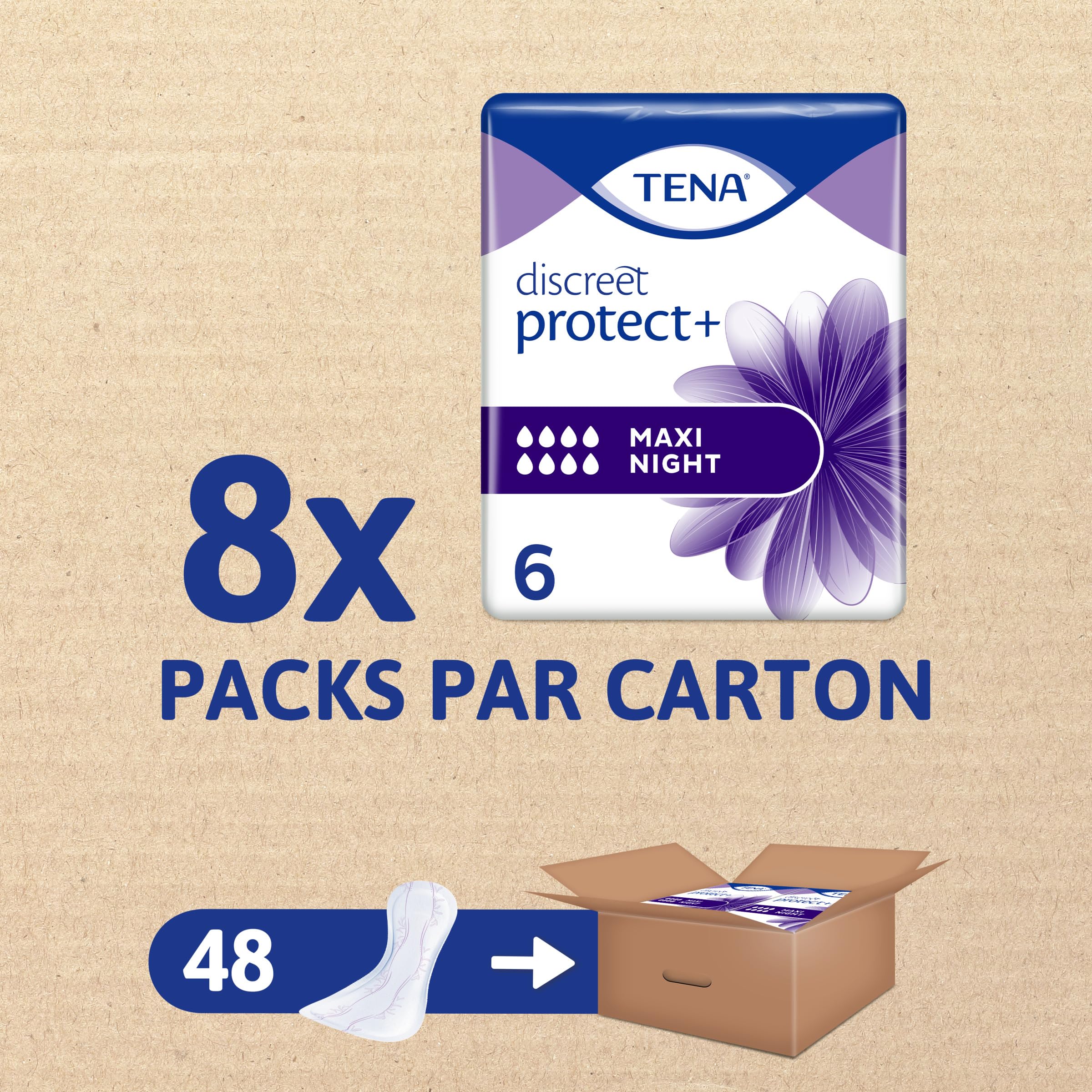 TENA Discreet Maxi Night – Serviettes Incontinence Femme - Post-accouchement - Protections Absorbantes pour Fuites Urinaires Modérées à Fortes - 48 Serviettes (Pack 1 Mois)