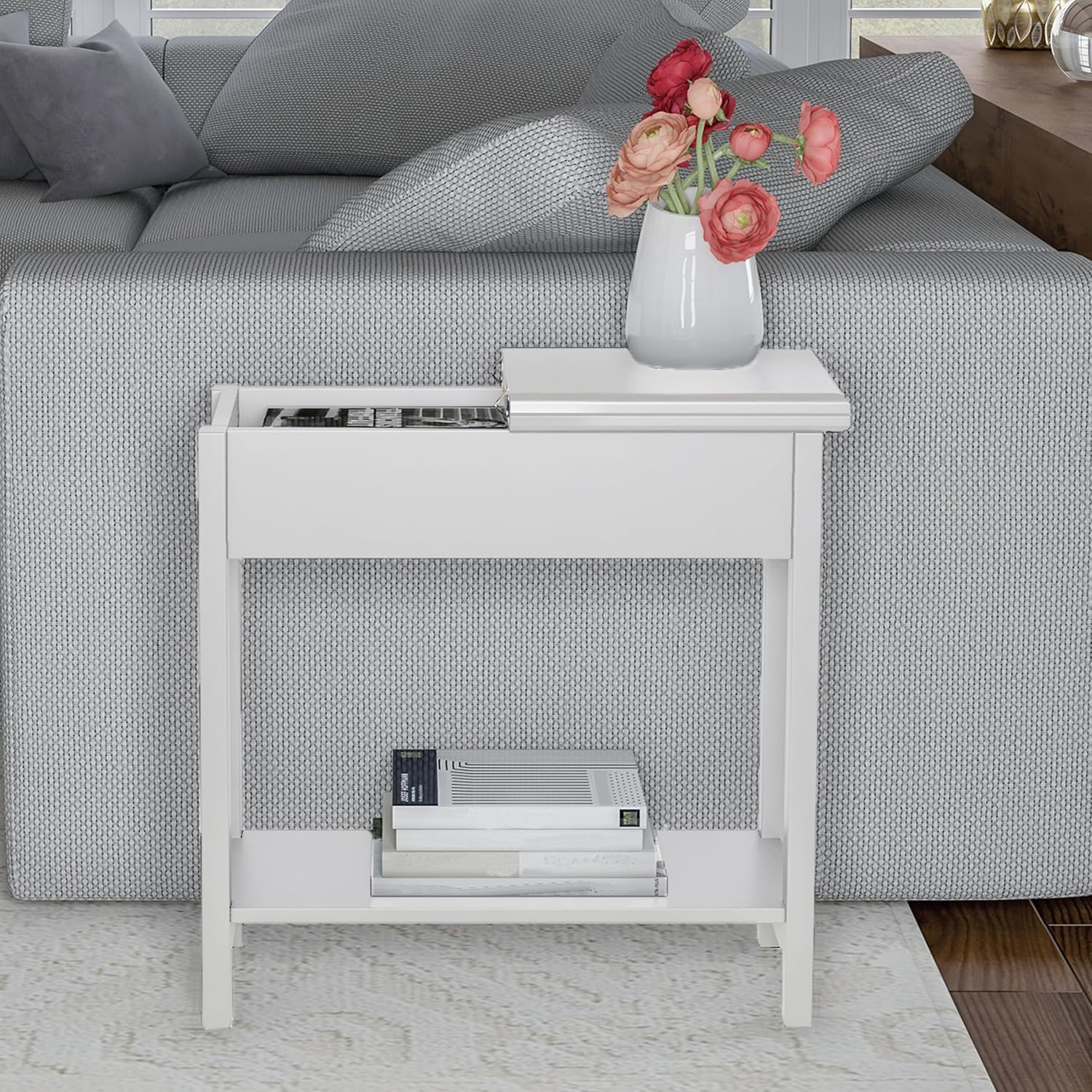 Flip-Top End Table - Slim Side Console with Hidden Hinged Storage Compartment and Lower Shelf - For Living Room or Hallway Use by Lavish Home (White)