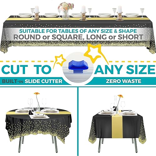 Miniatura 4 de Mantel de plástico negro y dorado de 54 x 100 pies con caja de corte integrada, funda de mesa para fiestas, picnic, eventos de catering, manteles