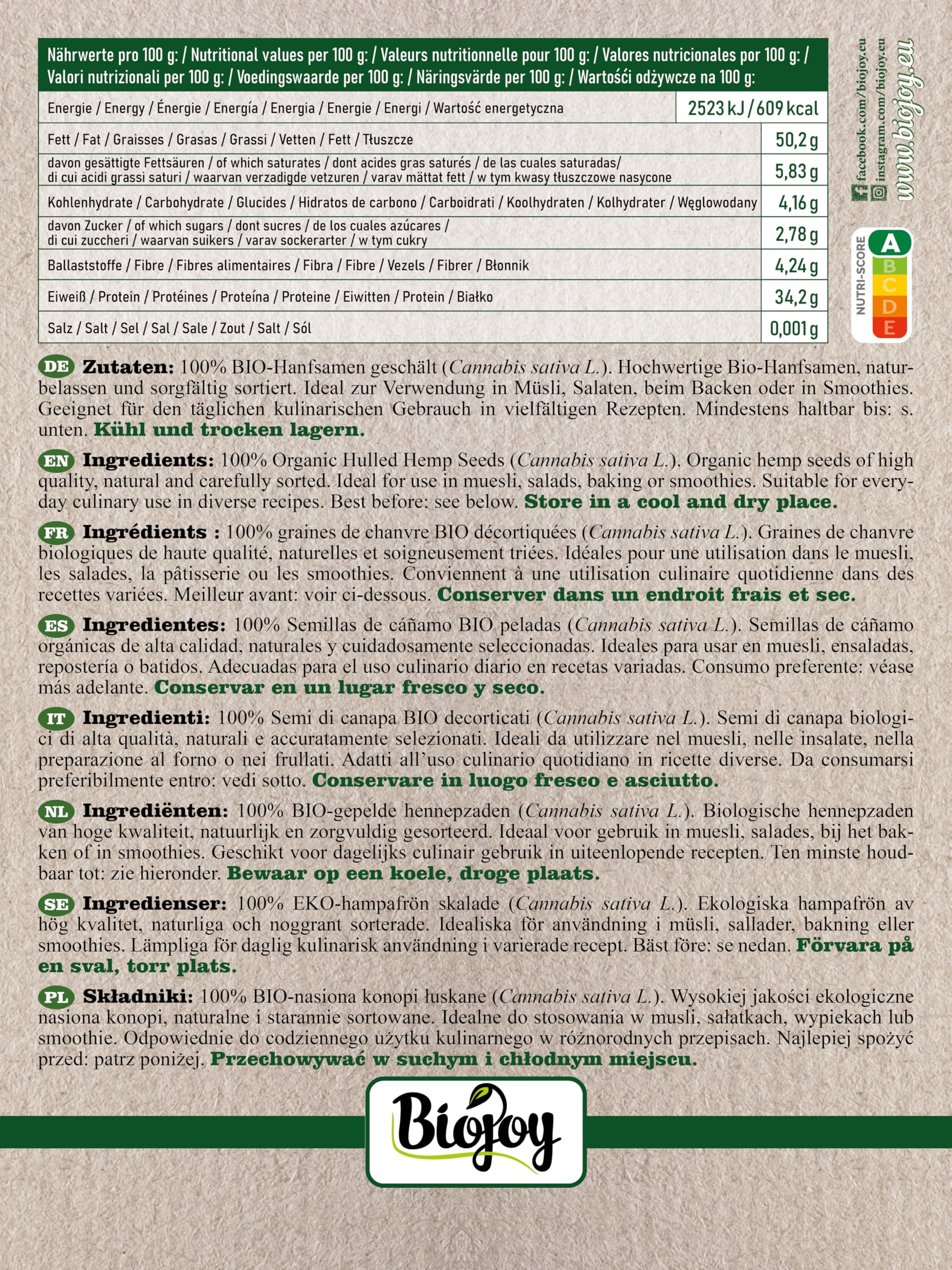 Biojoy Nasiona konopi BIO, łuskane, całe i surowe, 1 kg | Z Chin, surowe, idealne do jedzenia, Cannabis sativa L.