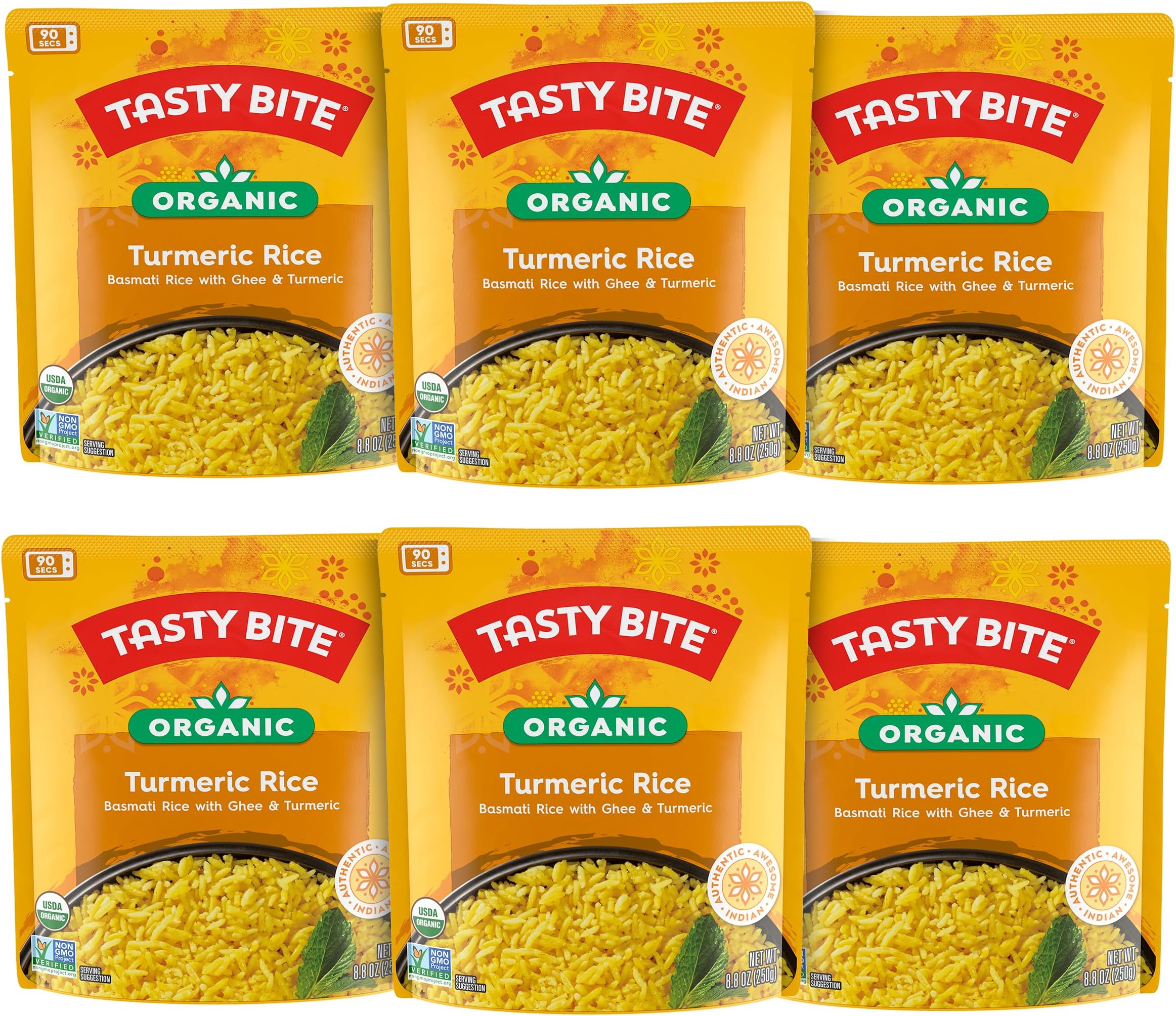 Tasty Bite Organic Turmeric Rice, 8.8 Ounce, Pack of 6, Ready to Eat, Microwavable, Vegetarian, Gluten-Free