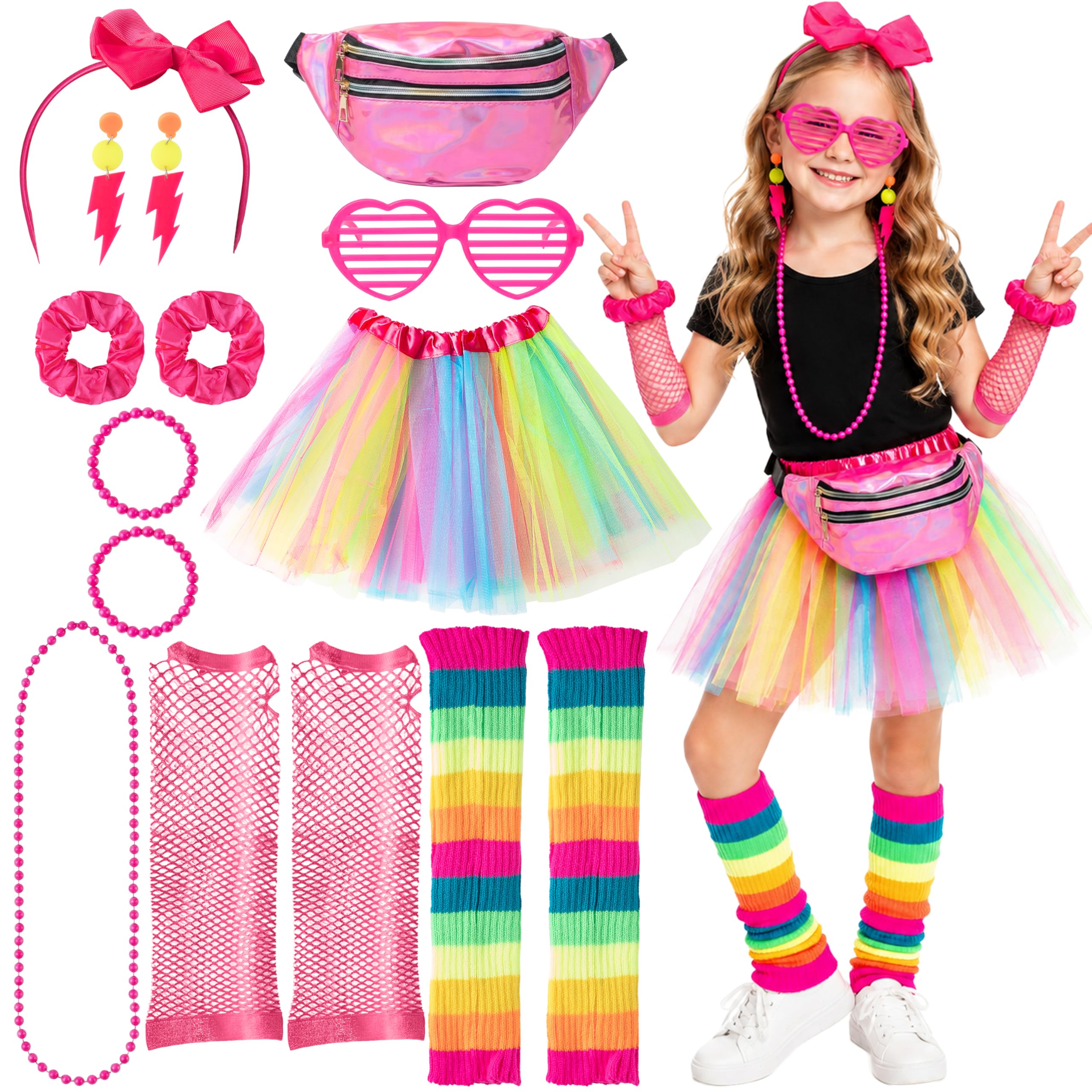 YINGENIVA 80s Fancy Dress for Girls - Kids 1980s Costume Accessories Set with Rainbow Tutu Skirt, Holographic Bag, Leg Warmers, Arm Warmers, Glasses, Earrings and Headband for Party Halloween