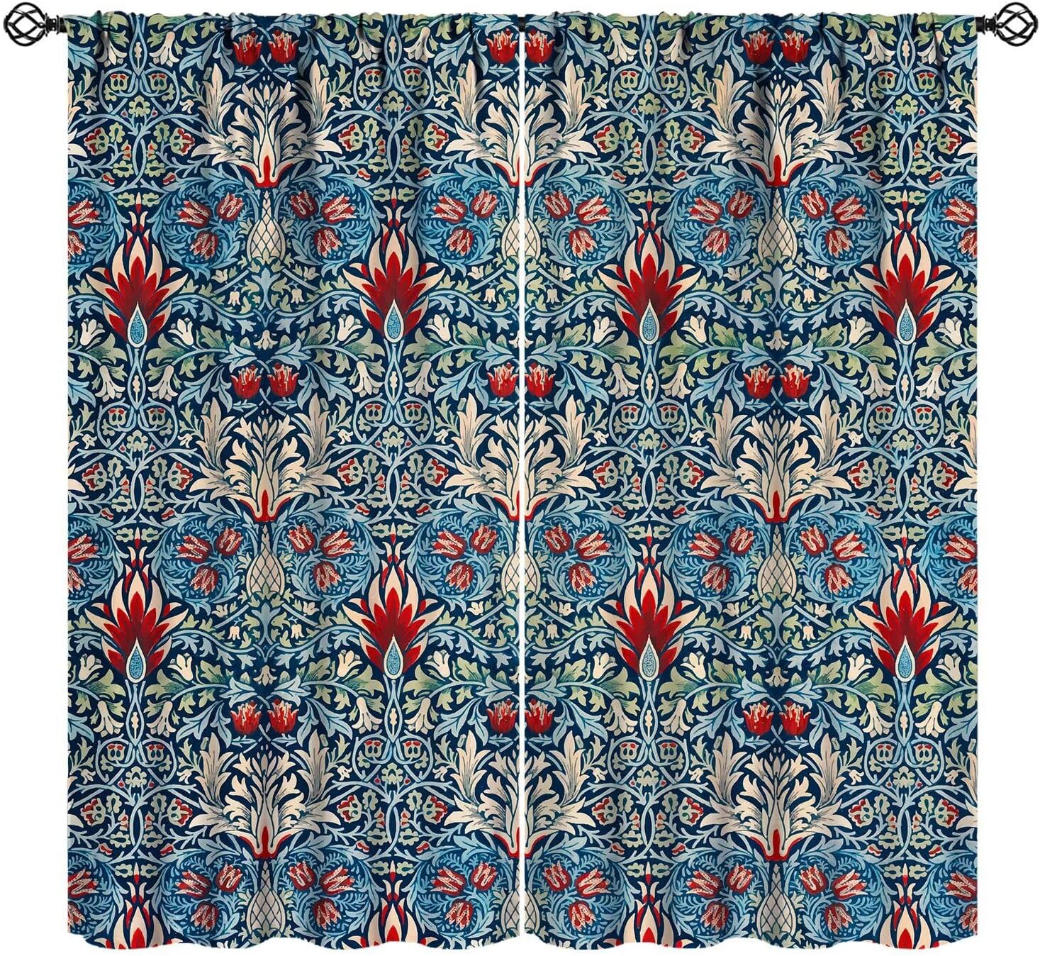 YCness William Morris Floral Blackout Curtains Boho Vintage Flower Art Printed Window Drapes for Bedroom Living Room Kitchen Decor Fabric 2 Panel 52x84 Inch 80% Shading Rate