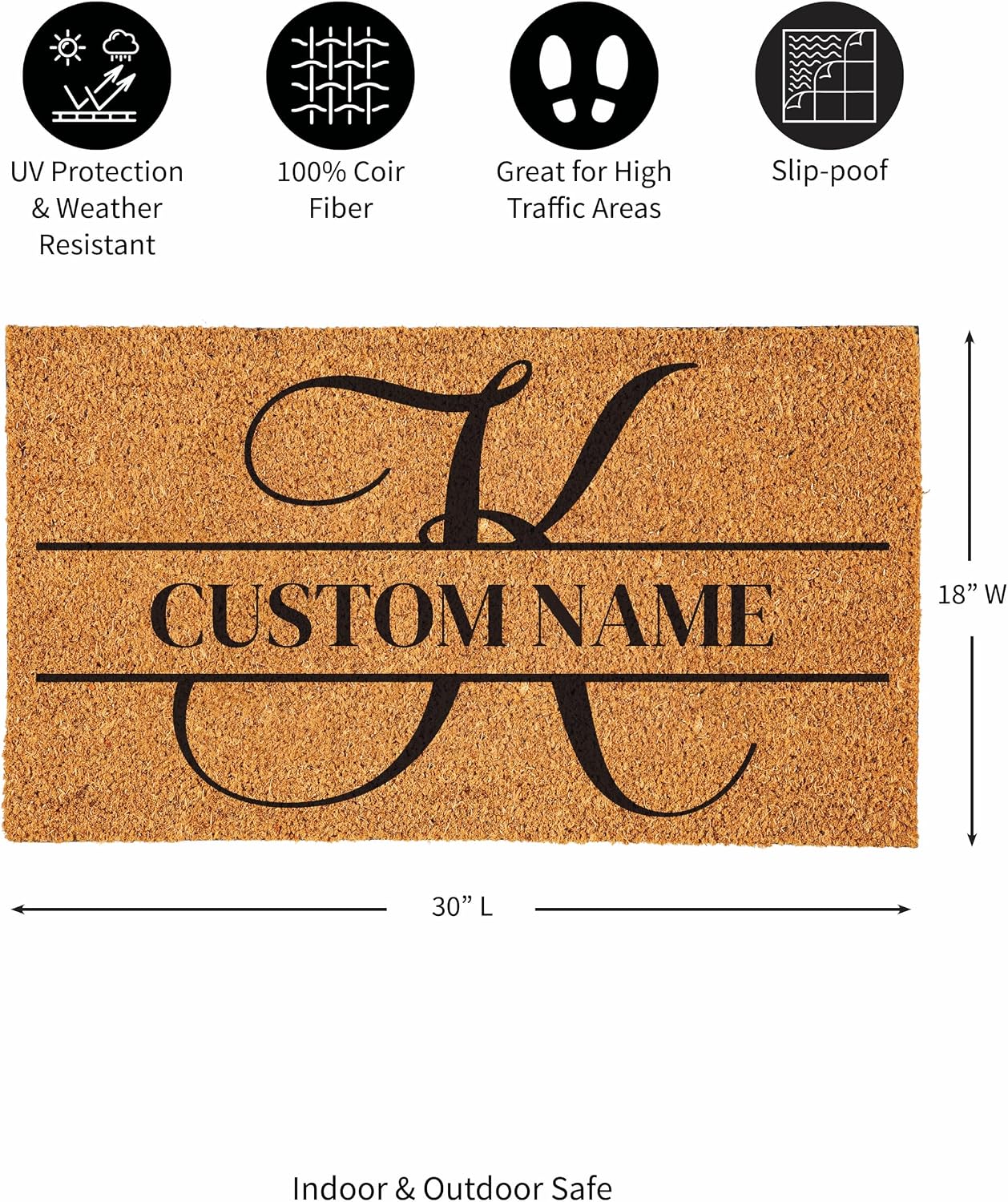 Evergreen Flag Monogram Personalized Coir Doormat, 18x30 Inches Custom Name Coir Door Mats Outdoor, Front Door Welcome Mats with Rubber Back, Personalized Housewarming Gift New Home Decor (Letter K)