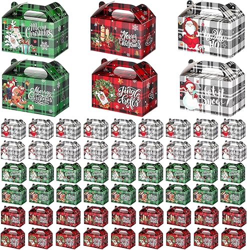 Cholemy 60 cajas de regalo de Navidad con asa de 5.9 x 3.5 x 3.5 pulgadas, cajas de regalo 3D de cartón de Navidad, cajas de papel de galletas a