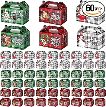 Cholemy 60 Pcs Christmas Treat Boxes 3D Goodie Candy Cookie Boxes with Handle Christmas Containers for Treats Xmas Cardboard Gift Wrap Boxes Christmas Party Favor Supplies, 5.9 x 3.5 x 3.5 Inch