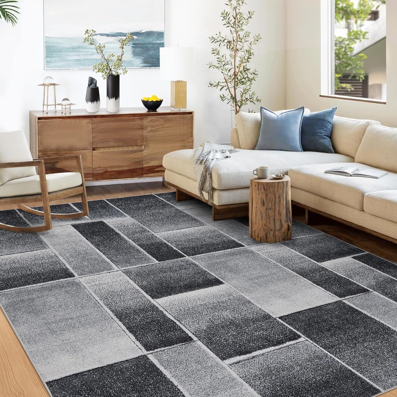 Large Area Rugs,Modern Geometric Patchwork Floor Decor for Bedroom Aesthetic Carpet, Rockwood Collection, Indoor Rugs for Living Room, Dining Room, Nursery, Office, Machine Washable Rug,9x12 ft Black