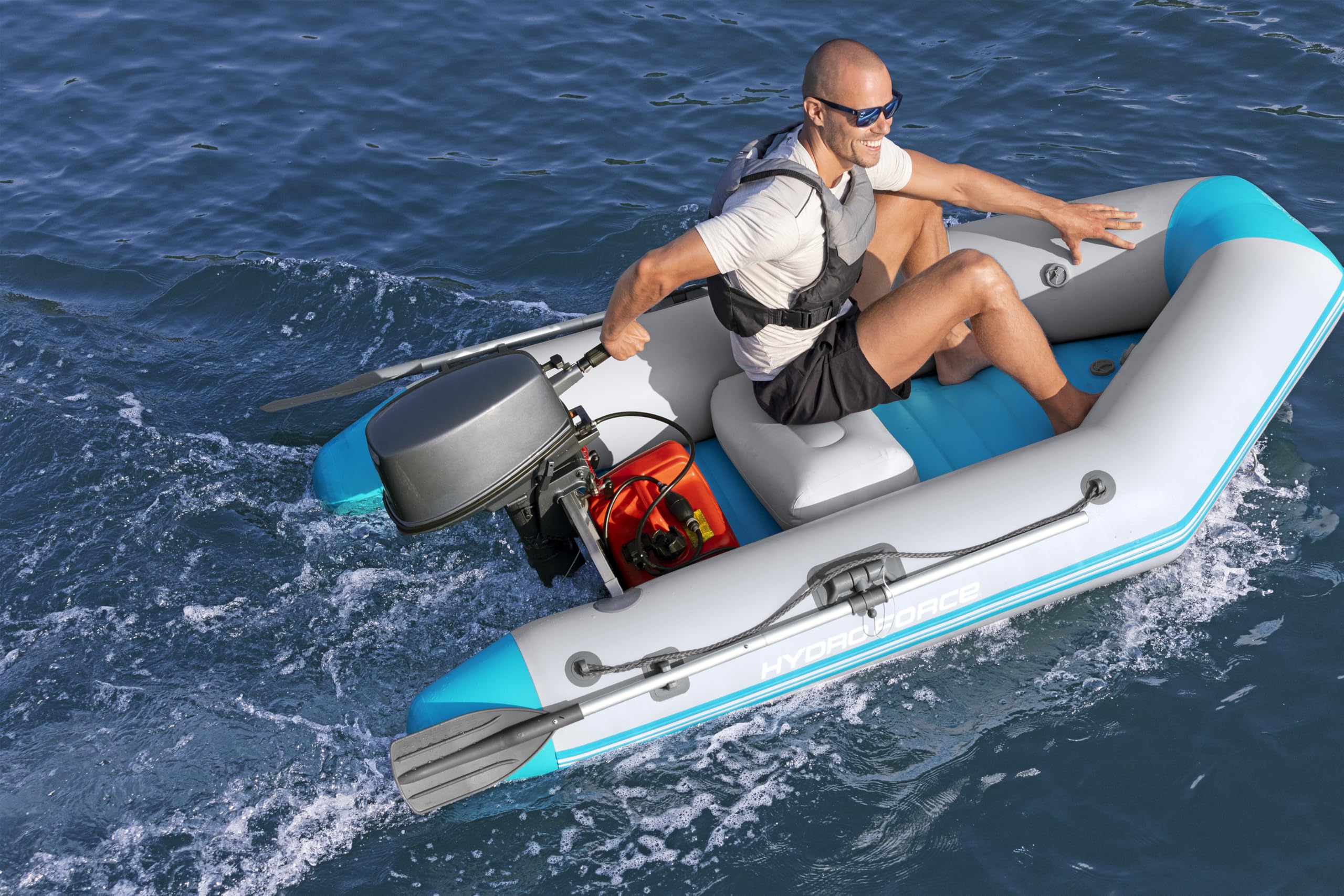Bestway Hydro Force Sportboot Komplett-Set Corinth Elite, 230 x 130 x 33 cm, 2 Erwachsene, bis 280 kg, 3 Luftkammern, TriTech-Material, aufblasbarer Boden, Motorenhalterung, Ruder, Pumpe, Tasche