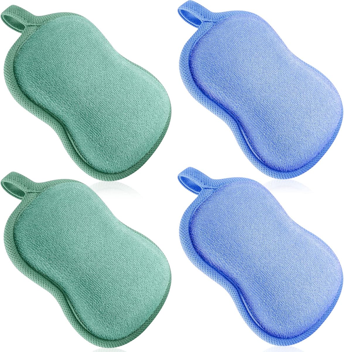 Tatuo 4 esponjas de baño para bebés, esponjas de baño para niños pequeños, verde, azul | Esponja suave, cómoda y absorbente para niños, bebés, niños y niñas