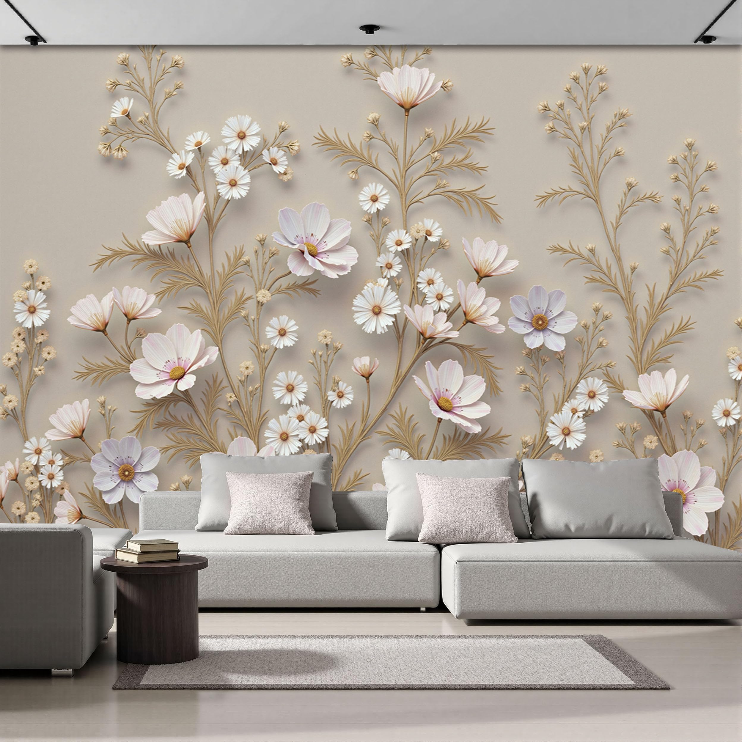 Papier Peint 3D Fleurs en Relief 350x256cm en Soie pour Salon