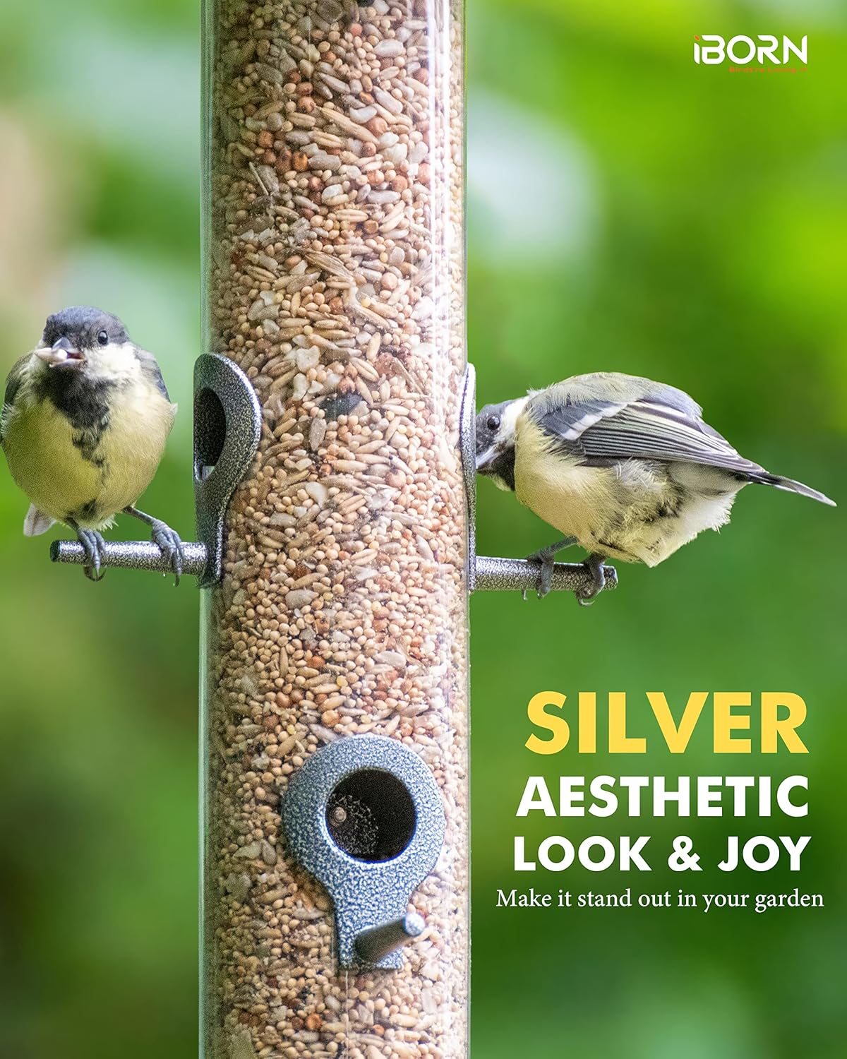 iBorn Metal Bird Feeder Hanging Wild Bird Seed Feeder for Mix Seed Blends Heavy Duty All Metal Silver Finish,15 Inch 6 Port(Seed is not Included),Gift Box