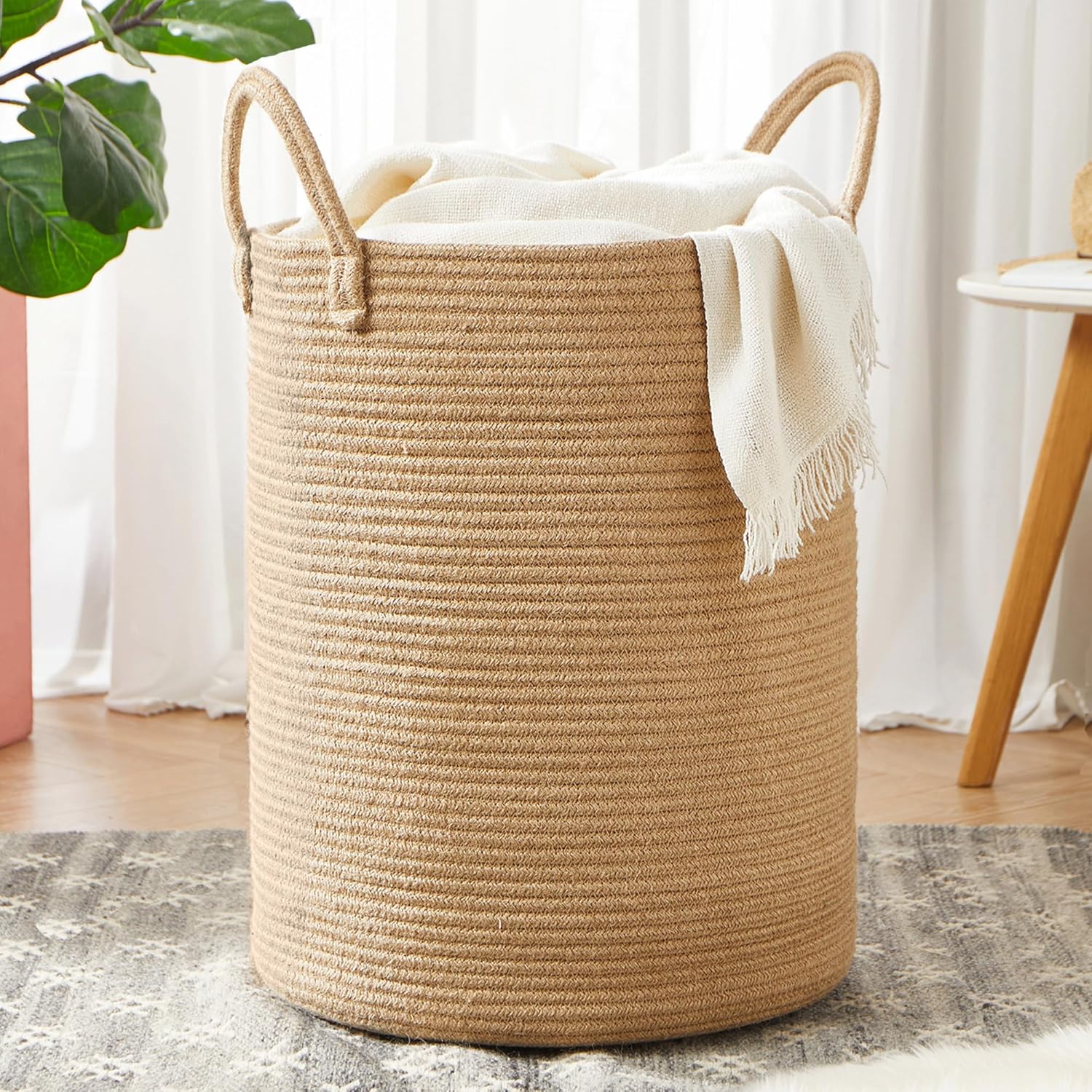60L Jute Woven Hamper Laundry Basket Wicker Rope Clothes Hamper for Baby Nursery Kids Tall Rattan Blanket Basket in Living Room Bedroom 15Dx20H inches