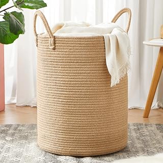 60L Jute Woven Rope Laundry Basket Tall Wicker Hamper for Clothes | For Blanket Toy Organization in Living Room Luanry Room Bedroom Storage Basket for Baby Nursery Kids Large15Dx20H Inches