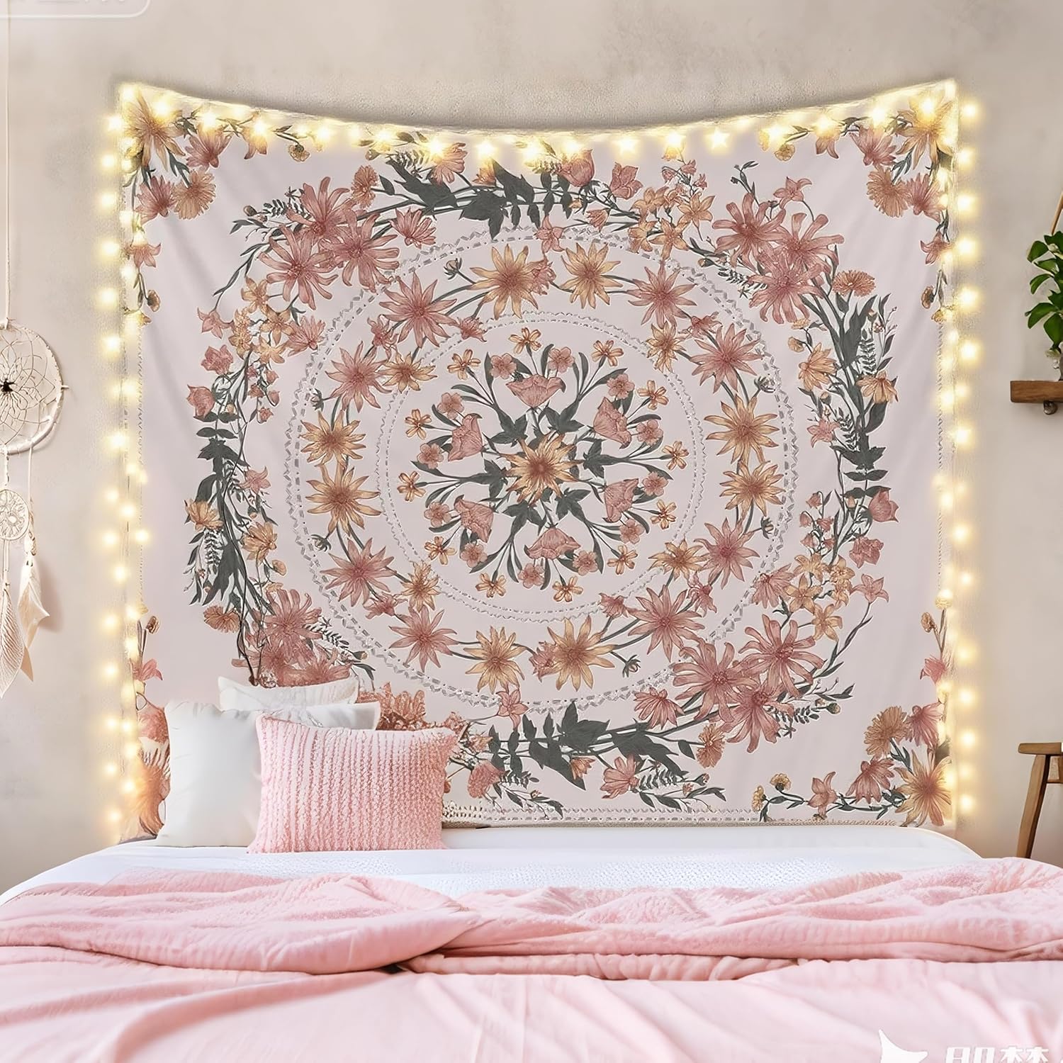 Eimilaly Large Mandala Tapestry Wall Hanging with Lights, Floral Tapestry Pink with Daisy Print Bohemian Tapestries for Bedroom Living Room Dorm Home Décor, 60L x 80W inches