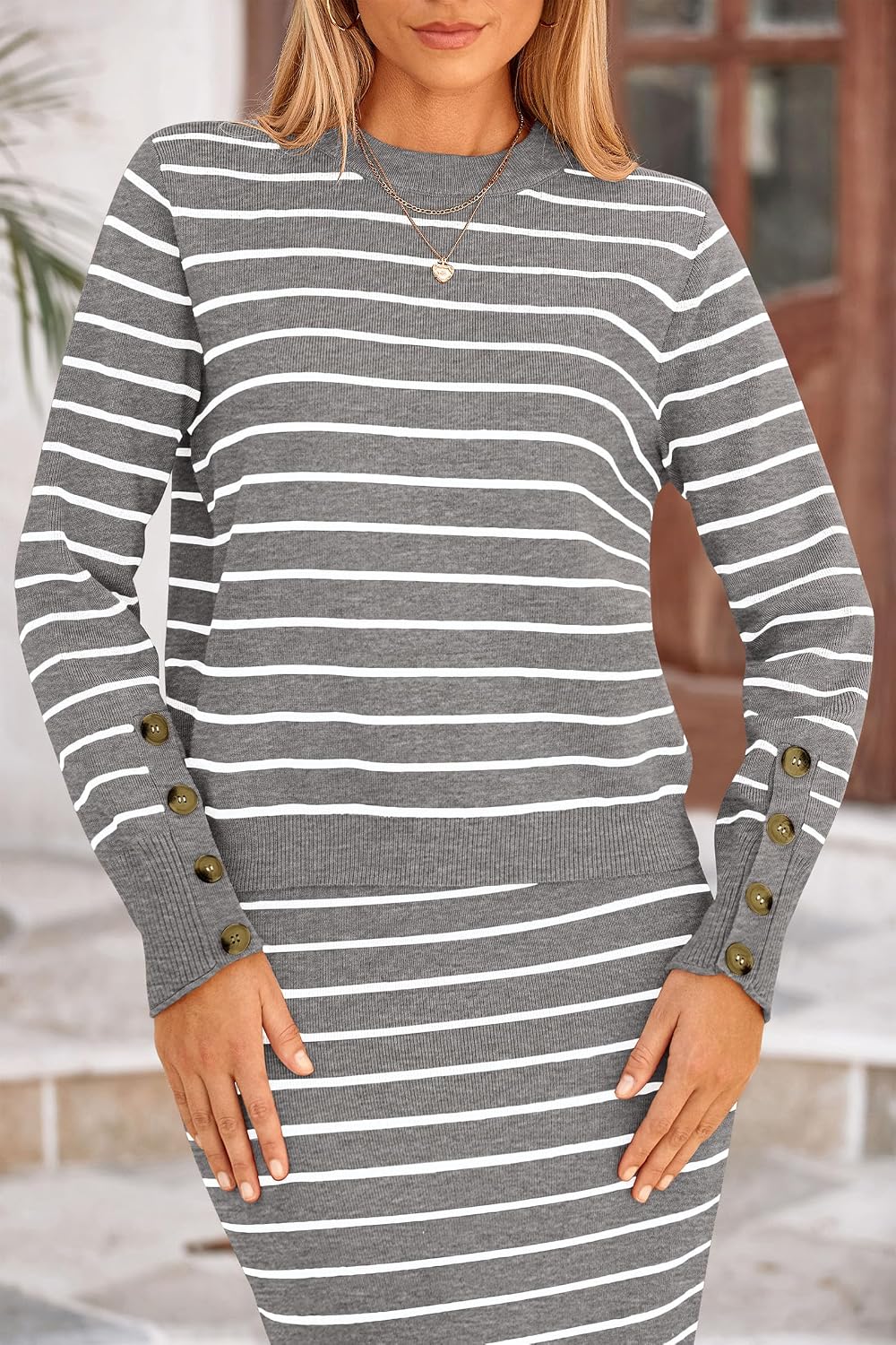 Women's 2 Piece Striped Sweater Skirt Set Fall Matching Sets thumbnail
