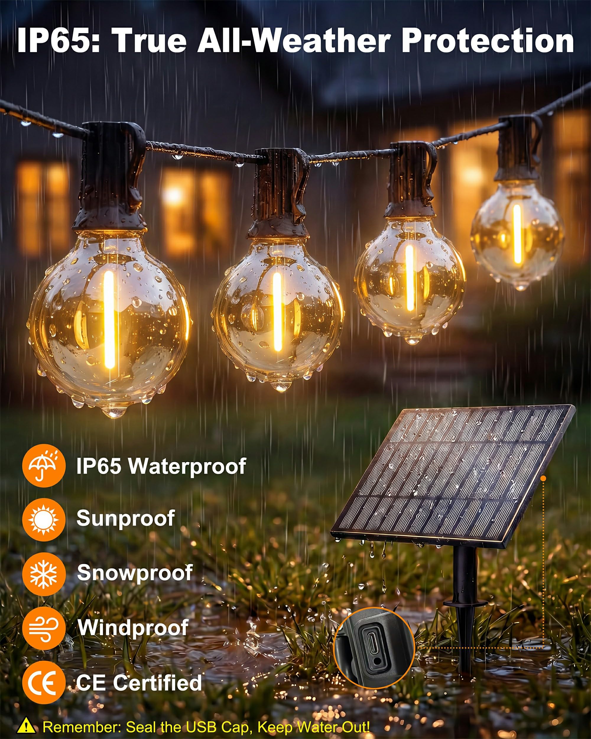 Guirlande lumineuse solaire d'extérieur 9 m à intensité variable - Résistante aux intempéries - Avec télécommande et 12 + 1 ampoule LED G40 2700 K - 3 modes - 5 minuteries - Pour balcon, jardin